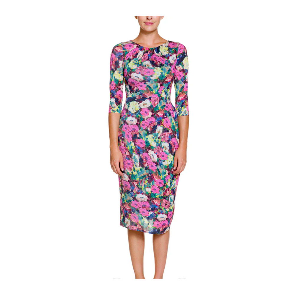 Boden Floral Print Midi Pencil Dress 6L Pink Sophia 3/4 Sleeve Lined Zip Tencel